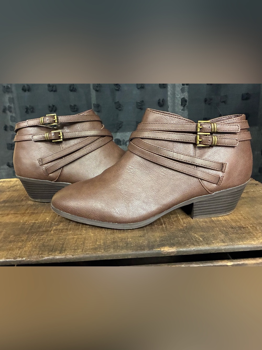 Style & Co Brown Faux Leather Ankle Booties Buckle Strap Western Boho Boots